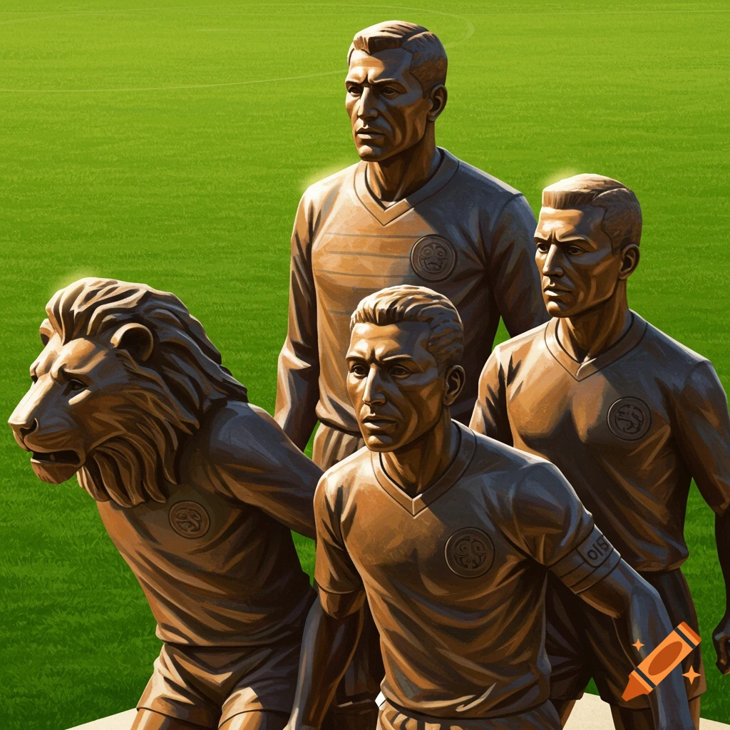 Bronze statue of four male football players and a lion on a green field, depicting the Lisbon Lions.