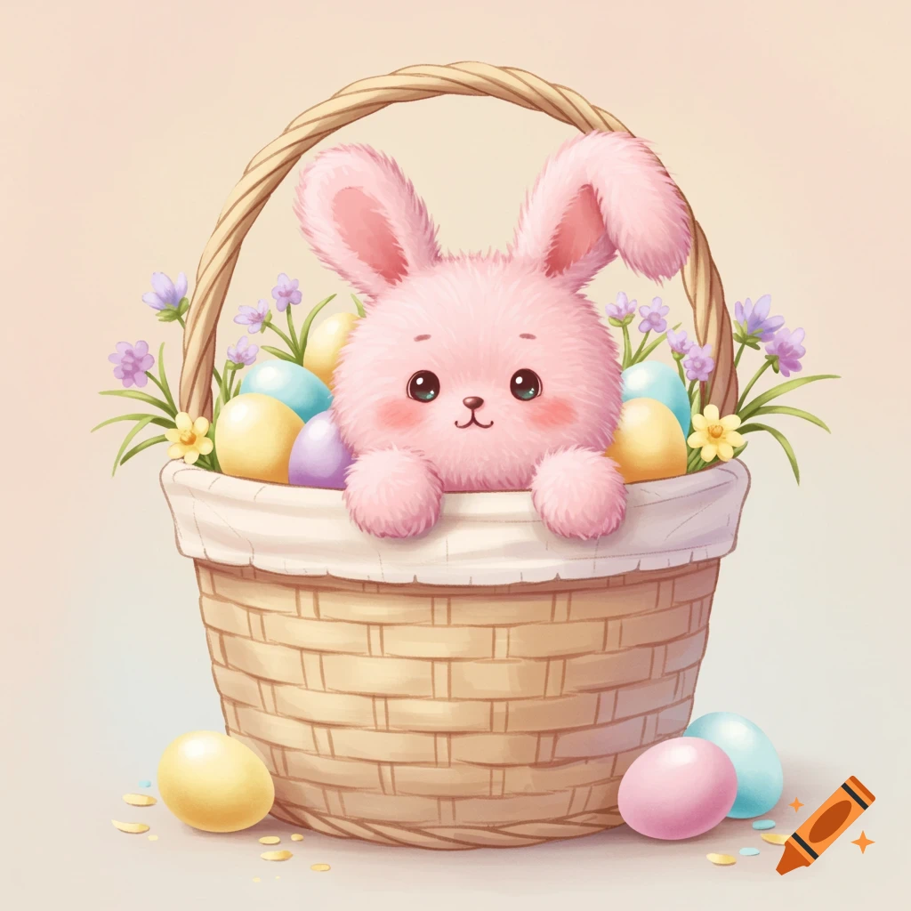 A fluffy pink bunny sits in an Easter basket surrounded by colorful eggs and flowers in a cute illustration style.