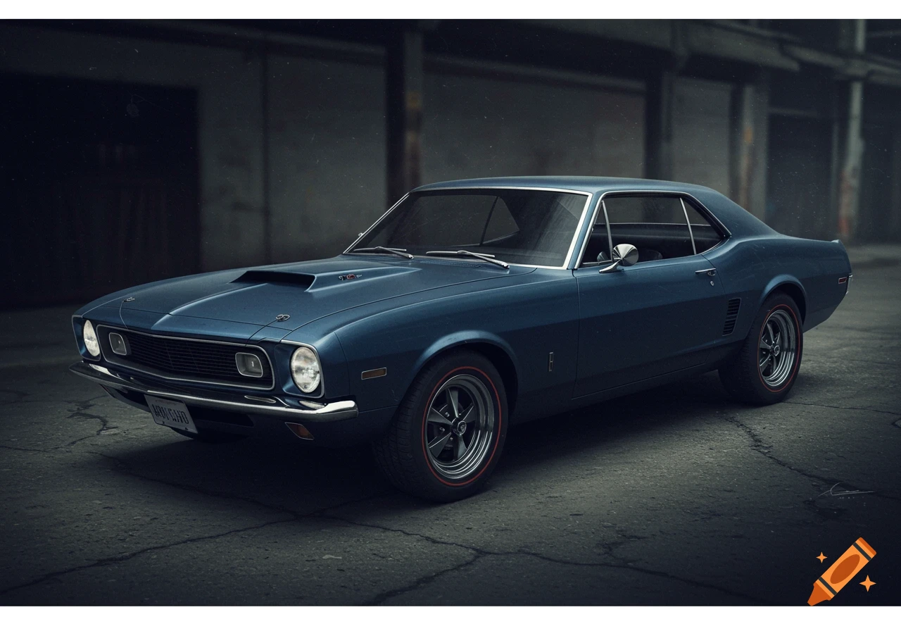 A photorealistic image of a vintage blue muscle car parked on an asphalt surface in front of a dark, industrial-looking building.