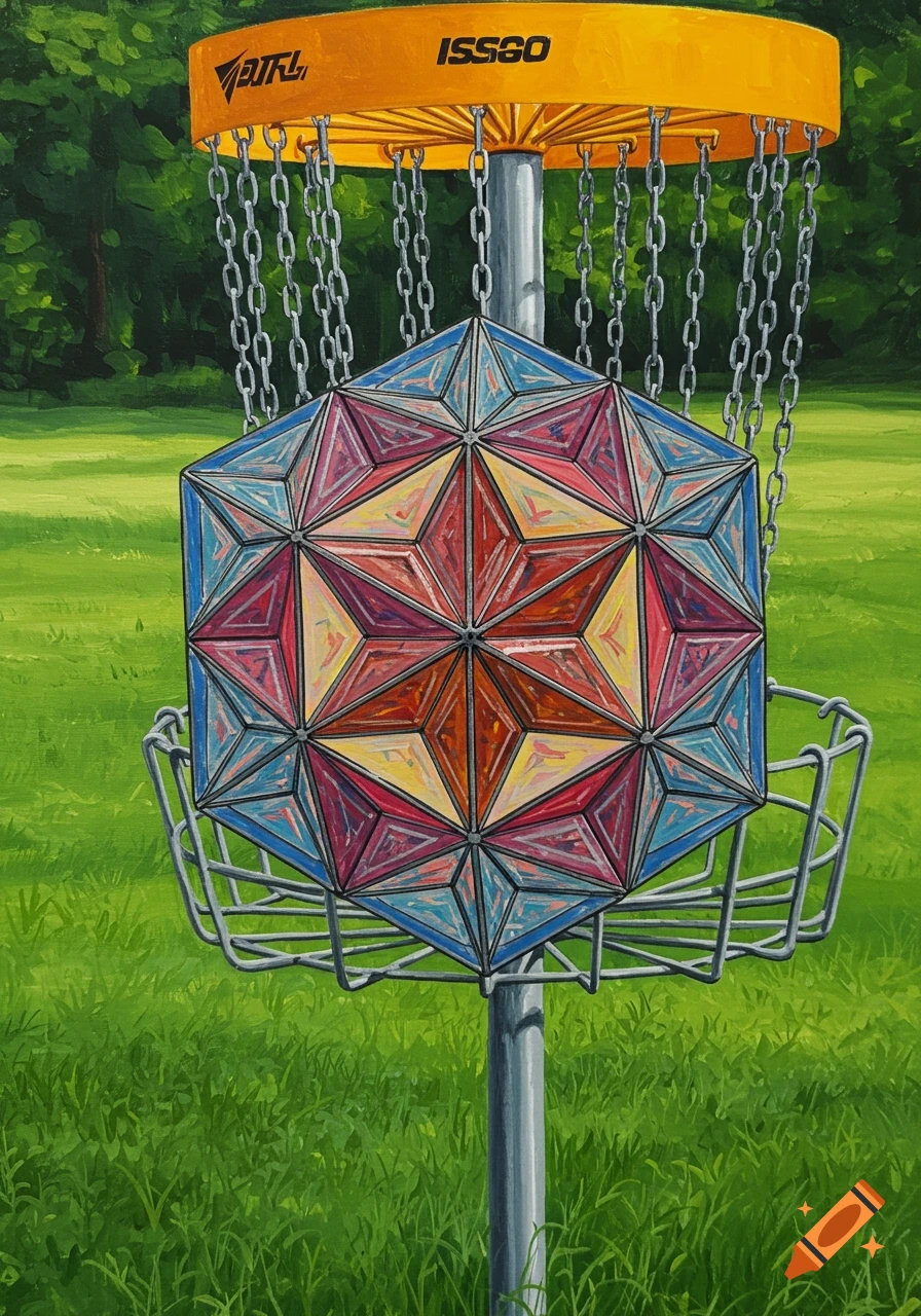 A vibrantly colored geometric septagram sits in a disc golf basket on a green grassy field, with trees in the background, in a painterly style.