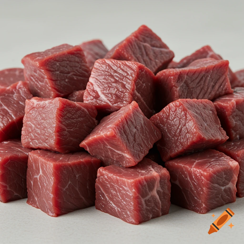 Close-up, photorealistic shot of a pile of raw diced beef cubes.
