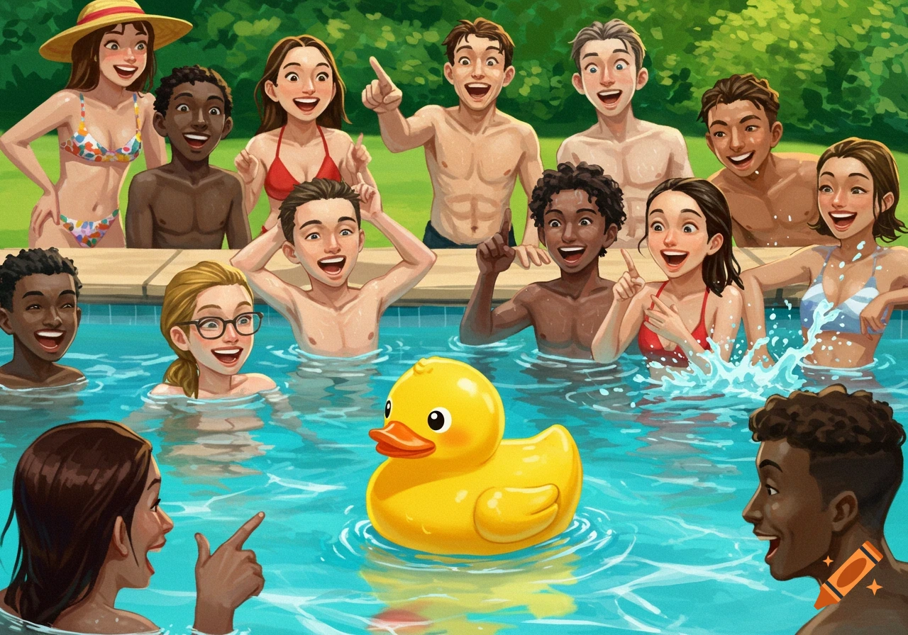 An illustration of a diverse group of happy, surprised young people in a swimming pool, looking at a large yellow rubber duck floating in the water.