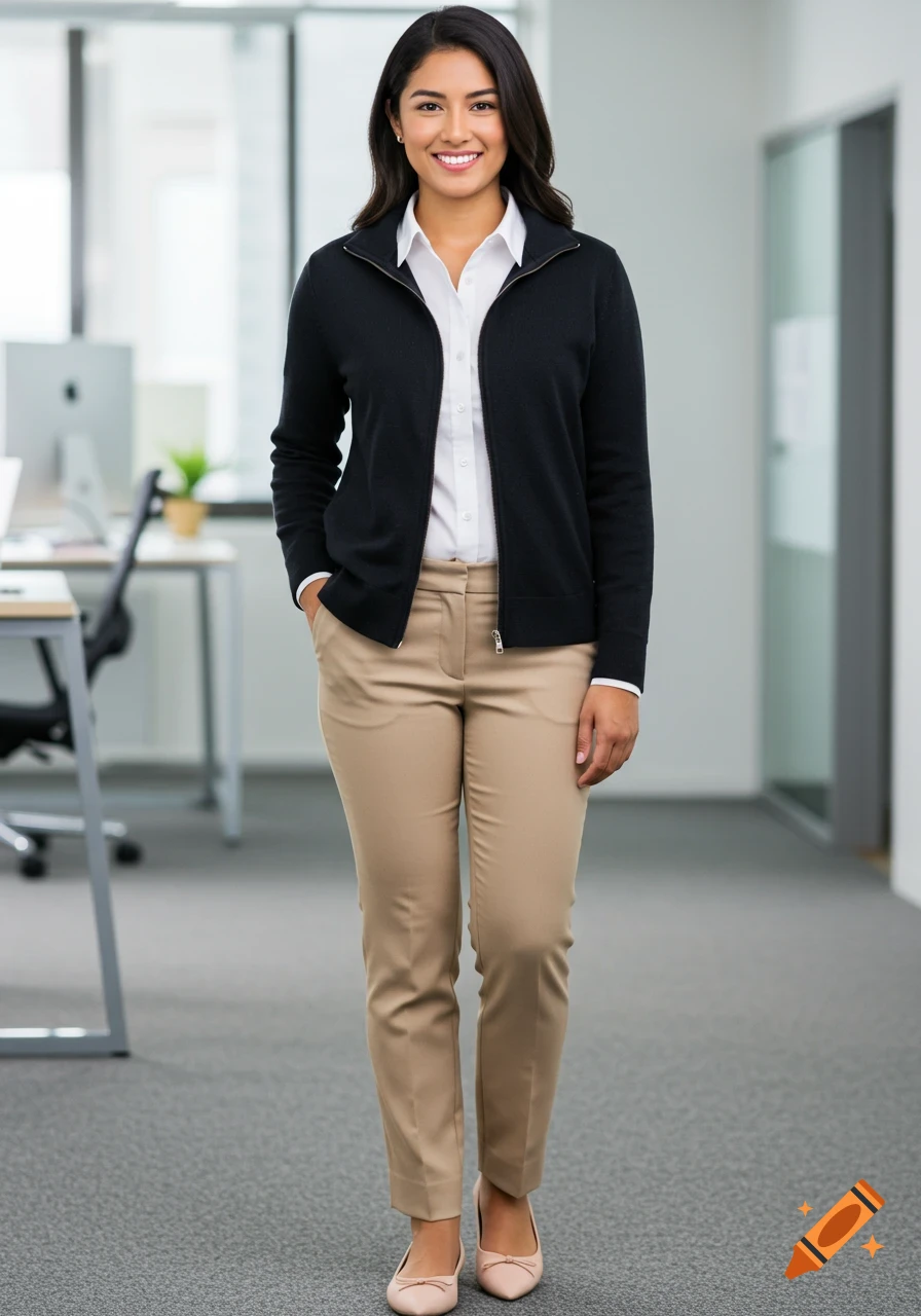Smiling Hispanic woman in a black quarter-zip sweater, white shirt, tan pants, and pink flats stands in a bright office.
