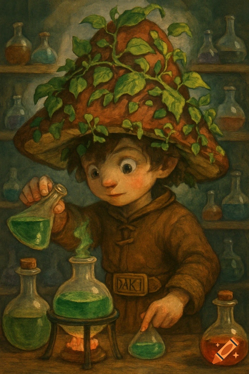 A young mushroom wizard in a brown robe and leafy mushroom hat pours a green potion in a dimly lit laboratory filled with flasks.