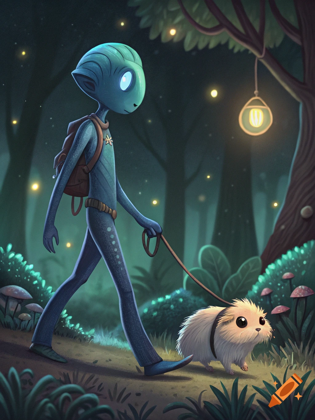 A slender blue alien with a backpack walks a fluffy, white guinea pig-like creature on a leash through a dark, glowing forest at night, illuminated by fireflies and a hanging lantern.