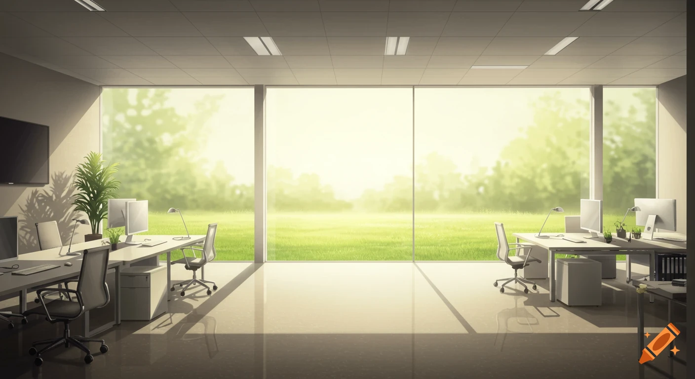 A bright, modern office with desks and chairs, featuring large windows offering a view of a lush green field under a clear sky. Digital art style.