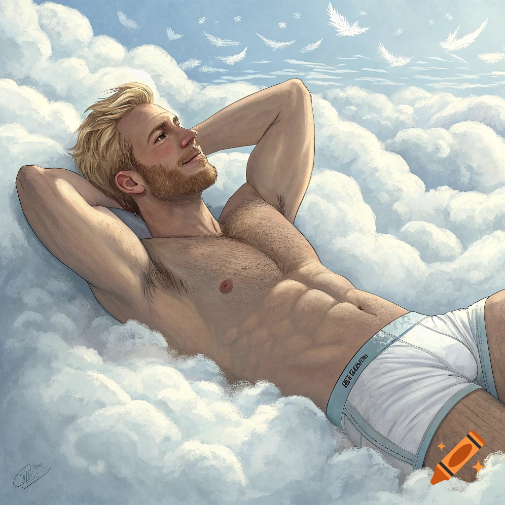 An illustrated blonde man with a beard, wearing white boxers, lies on his back on soft clouds under a blue sky with white feathers floating above.