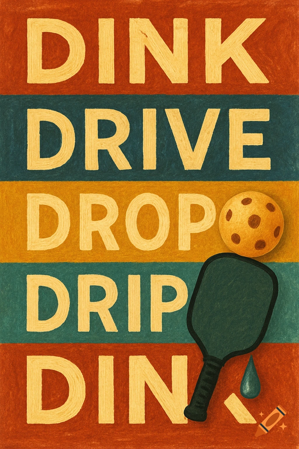 A textured, colorful poster-style image with words "DINK", "DRIVE", "DROP", "DRIP", and "DIN" on horizontal stripes, featuring a pickleball and paddle.