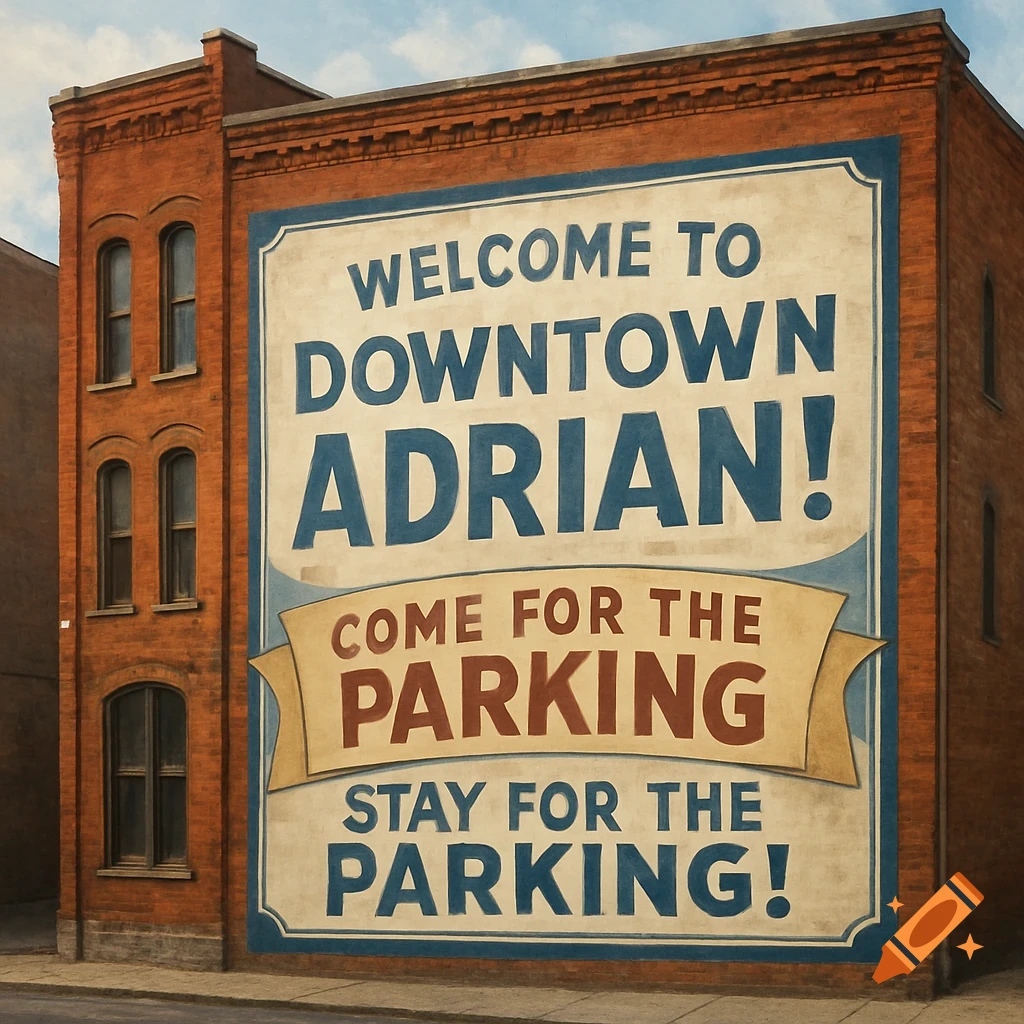 A large mural on the side of a historic brick building reads, "Welcome to Downtown Adrian! Come for the parking, stay for the parking!" Photorealistic style.