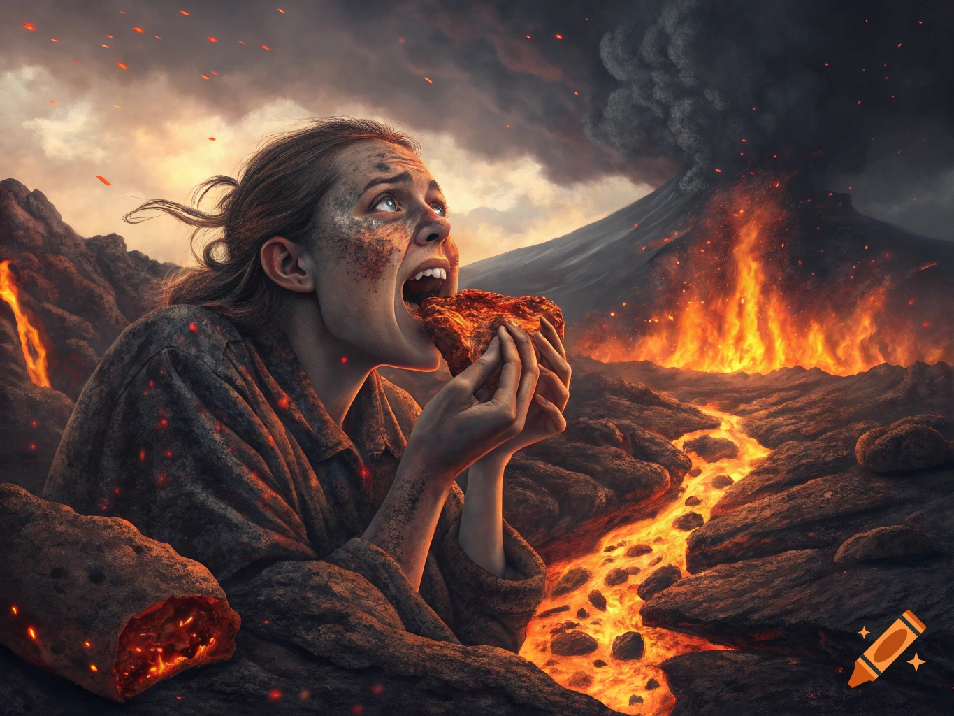 A woman eats a glowing lava rock amidst an erupting volcano and fiery lava rivers under a smoky sky.