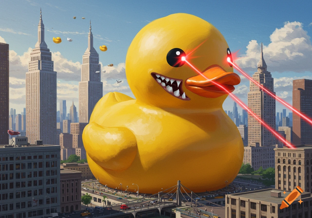 A giant yellow rubber duck with sharp teeth and glowing red laser eyes rampages through a city, with skyscrapers in the background.