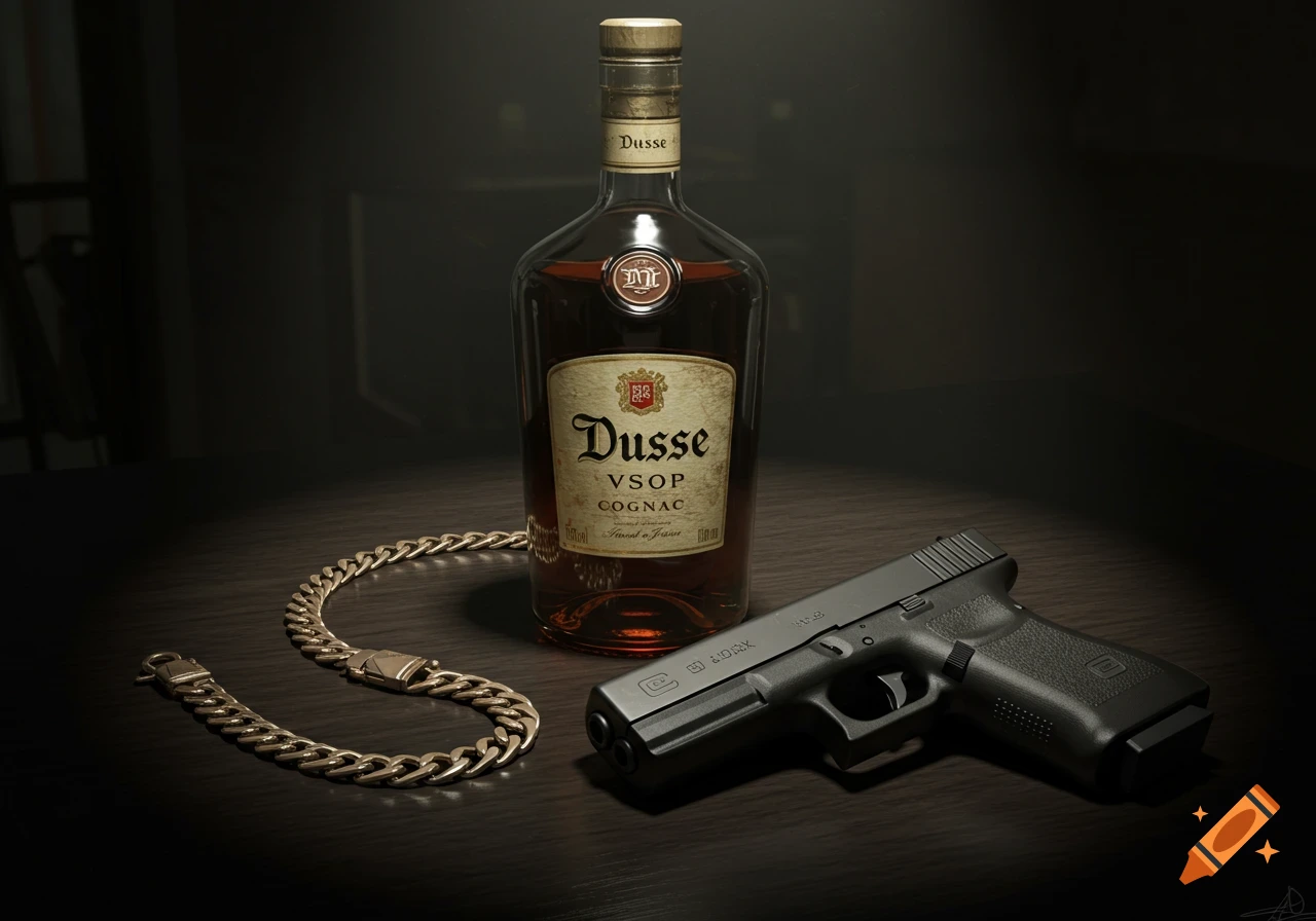 A photorealistic still life featuring a bottle of Dusse cognac, a Glock pistol, and a gold Cuban link chain on a dark wooden table.