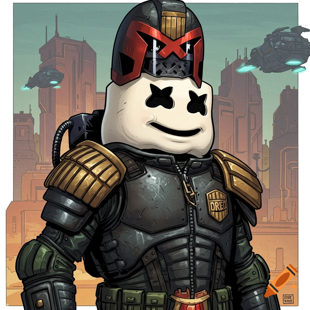 Marshmello-headed character in Judge Dredd armor in a futuristic city with flying vehicles, comic book style.