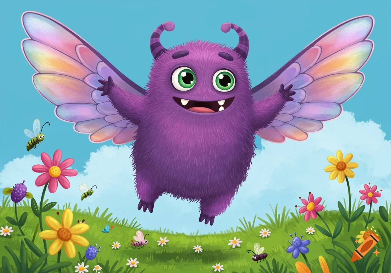 A cheerful, fluffy purple monster with rainbow wings flies above a field of flowers in a children's illustration style.