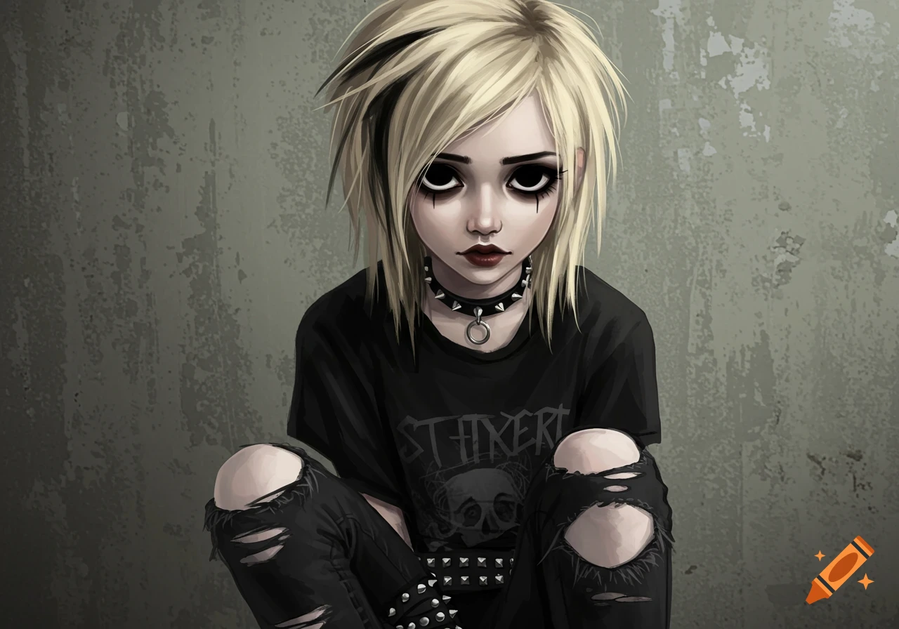 A stylized illustration of a blonde emo girl with black eyes, wearing a spiked choker, black t-shirt, and ripped jeans, kneeling against a grey wall.
