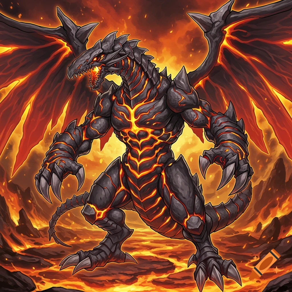 A powerful, dark-scaled dragon with glowing lava cracks and fiery wings stands in a volcanic landscape, in a stylized art style.
