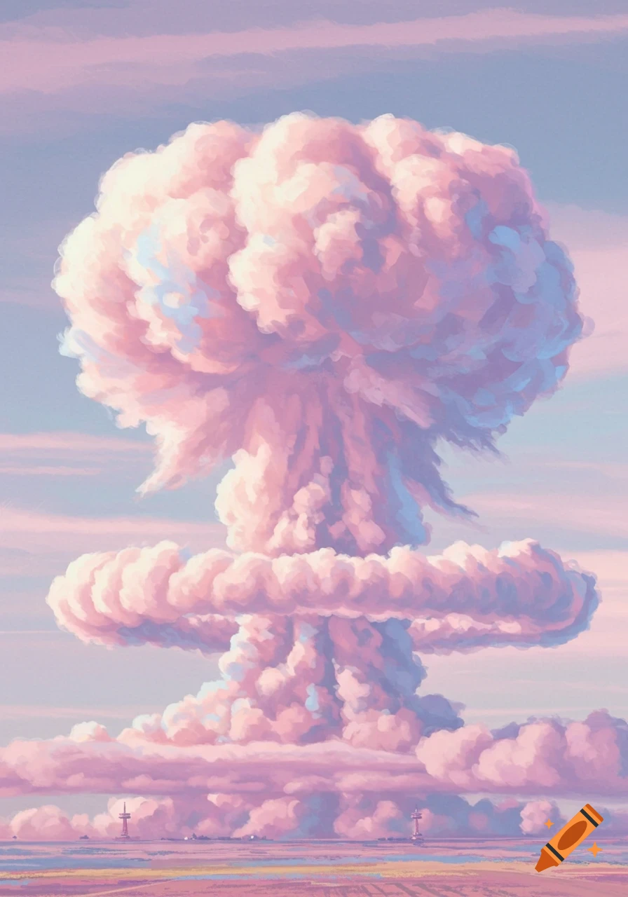 A large pastel pink and blue mushroom cloud rises into a light sky above a flat, colorful landscape.