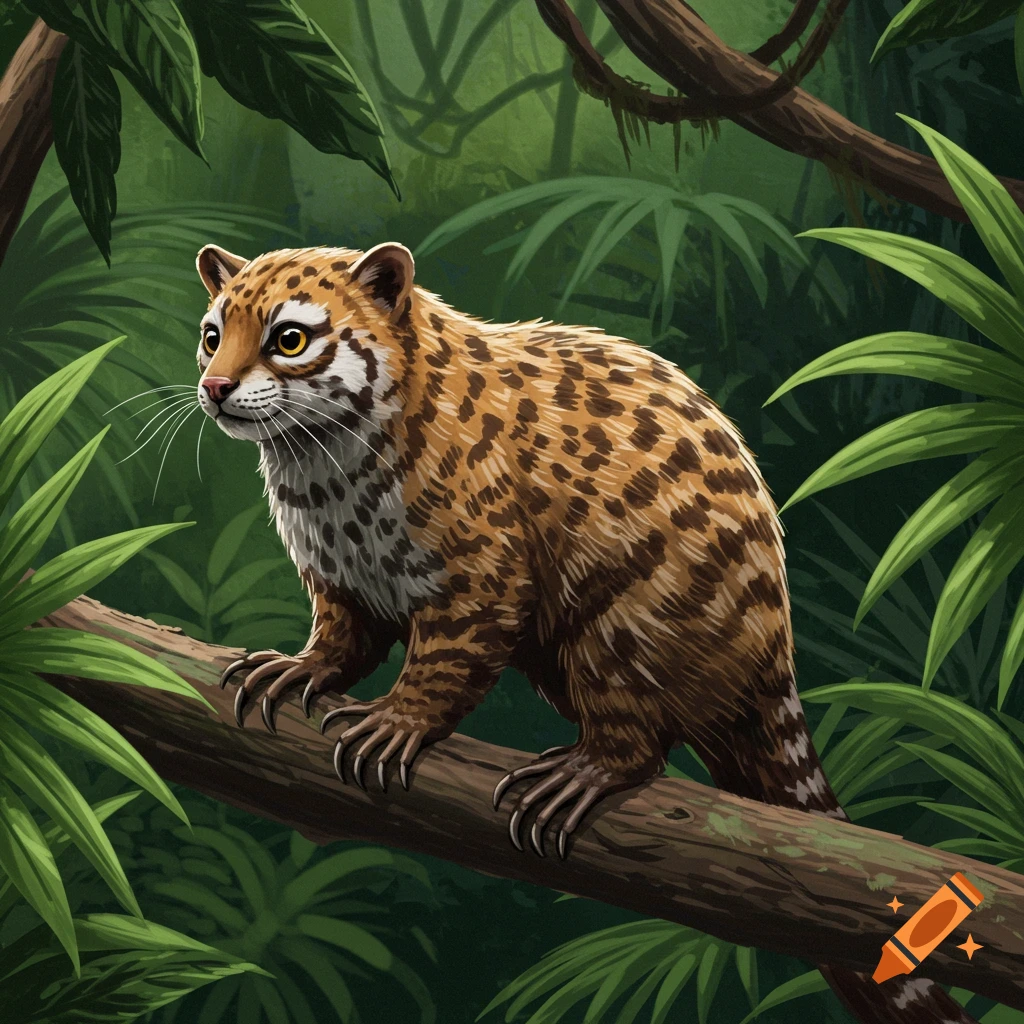 A spotted, genet-like animal perched on a tree branch in a lush tropical rainforest, rendered in an illustrative style.