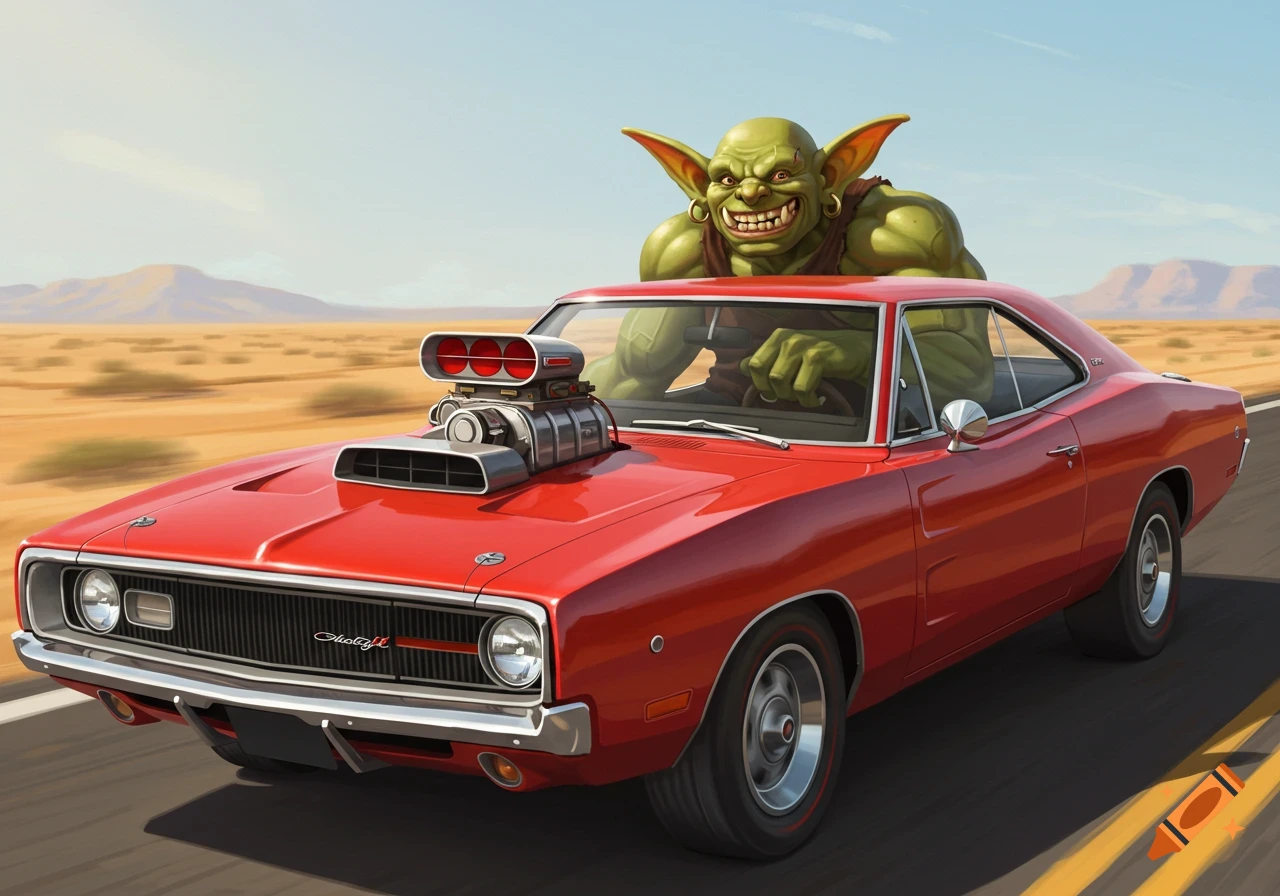 A muscular green goblin with large ears smiles widely while driving a red vintage muscle car with a supercharger down a desert road.