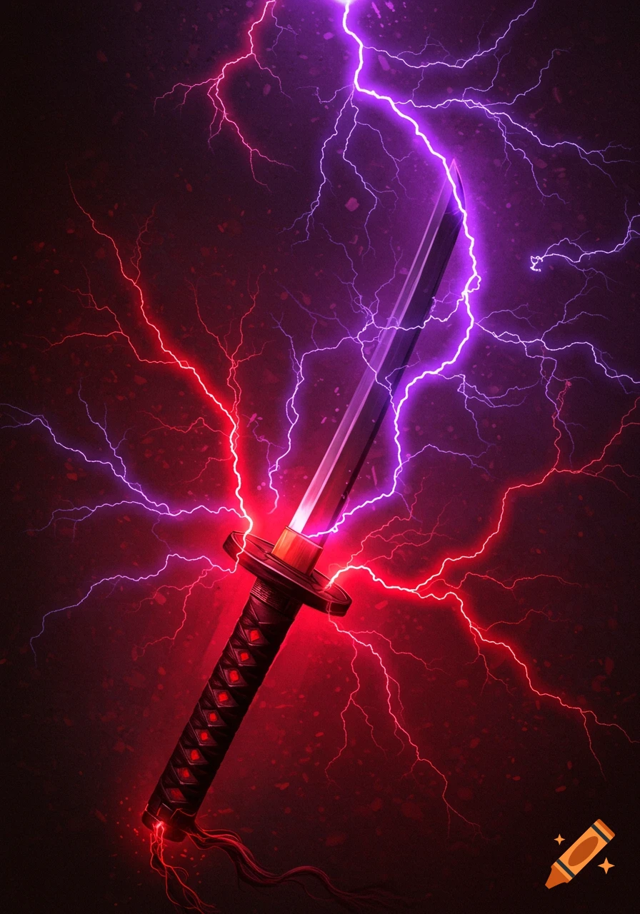 A mystical katana glowing with light, surrounded by crackling red and purple lightning.