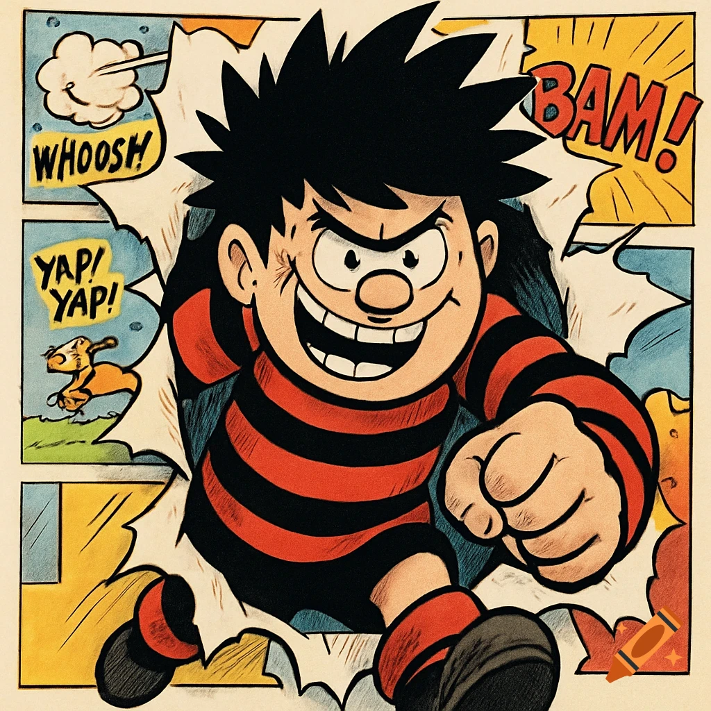 A mischievous cartoon boy, Dennis the Menace, bursts through a comic page, surrounded by "WHOOSH," "YAP! YAP!," and "BAM!" sound effects.