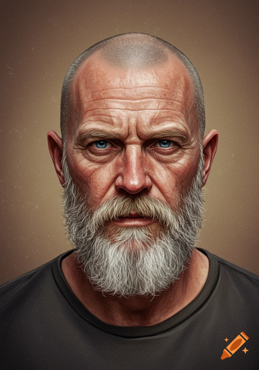 Close-up photorealistic portrait of an older Caucasian man with a shaved head, blue eyes, and a scraggly salt and pepper beard.