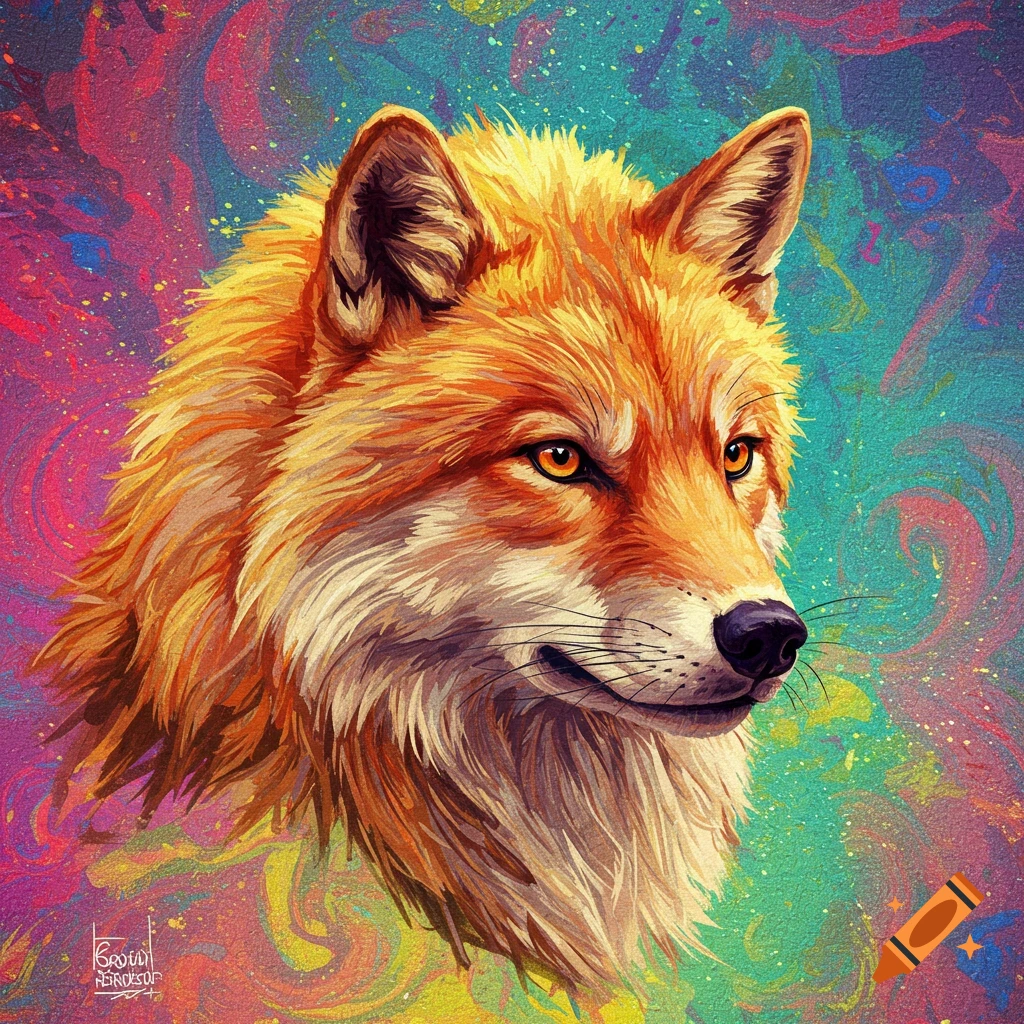 Artistic portrait of a golden wolf with bright orange eyes against a vibrant, swirling psychedelic background.