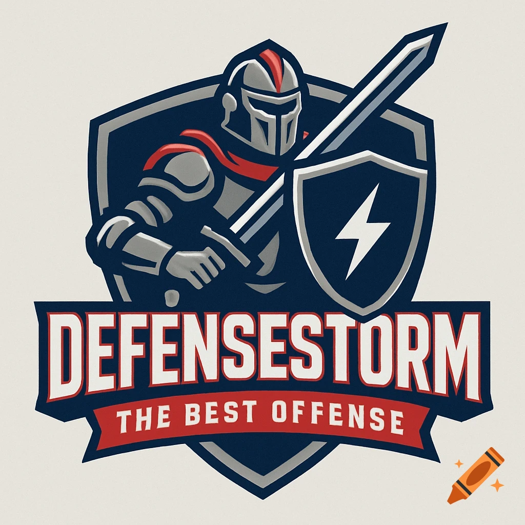 A sports team style logo featuring a knight in armor holding a sword and shield, with 'DEFENSESTORM - THE BEST OFFENSE' text.