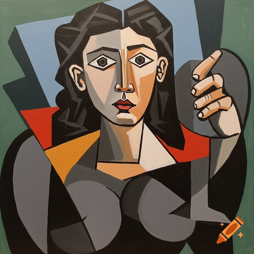 Cubist portrait of a woman with dark hair, a segmented face, and a hand holding a circular object, in Picasso's style.