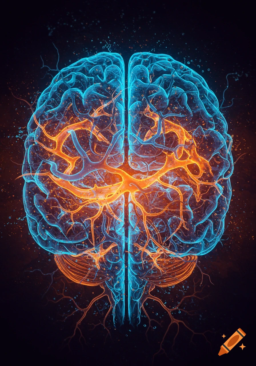 A stylized, glowing human brain with blue and orange neural networks on a dark background.