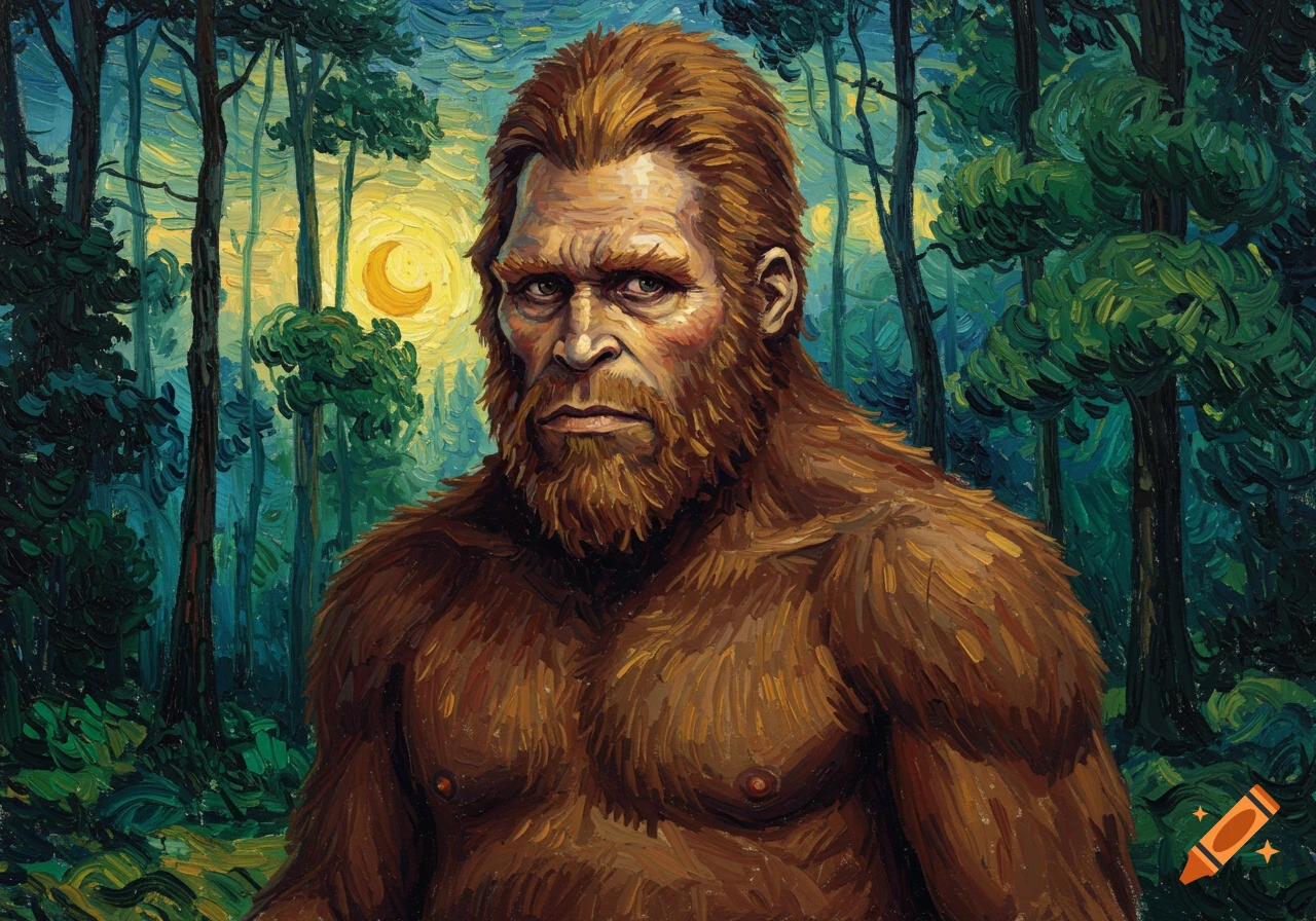 A hairy Bigfoot-like creature with a serious expression stands in a vibrant forest under a crescent moon, painted in the style of Van Gogh.