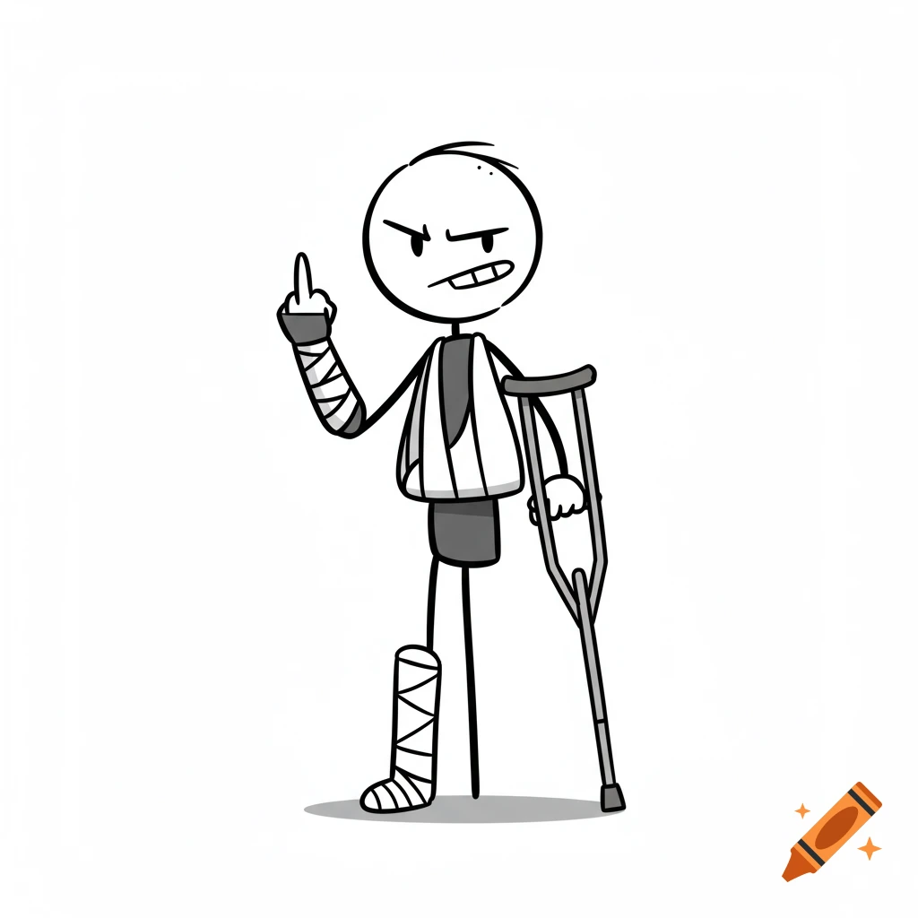 A defiant stick figure with a bandaged leg, arm in a sling, and crutch, raising a middle finger, in minimalist cartoon style.