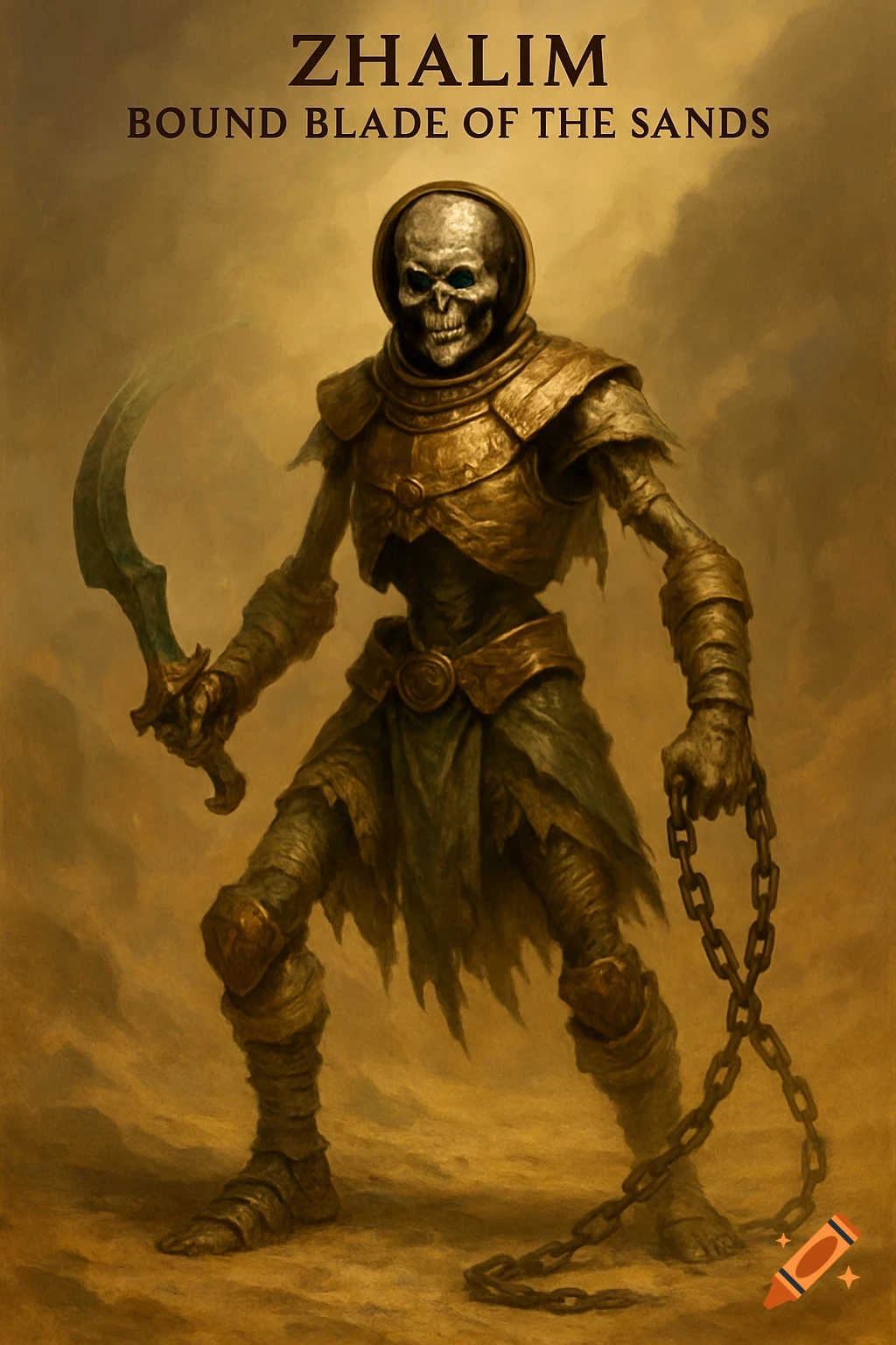 A skeletal warrior wearing bronze armor and tattered green cloth, holding a curved sword and a chain, stands in a sandy environment. The title "ZHALIM BOUND BLADE OF THE SANDS" is above him.