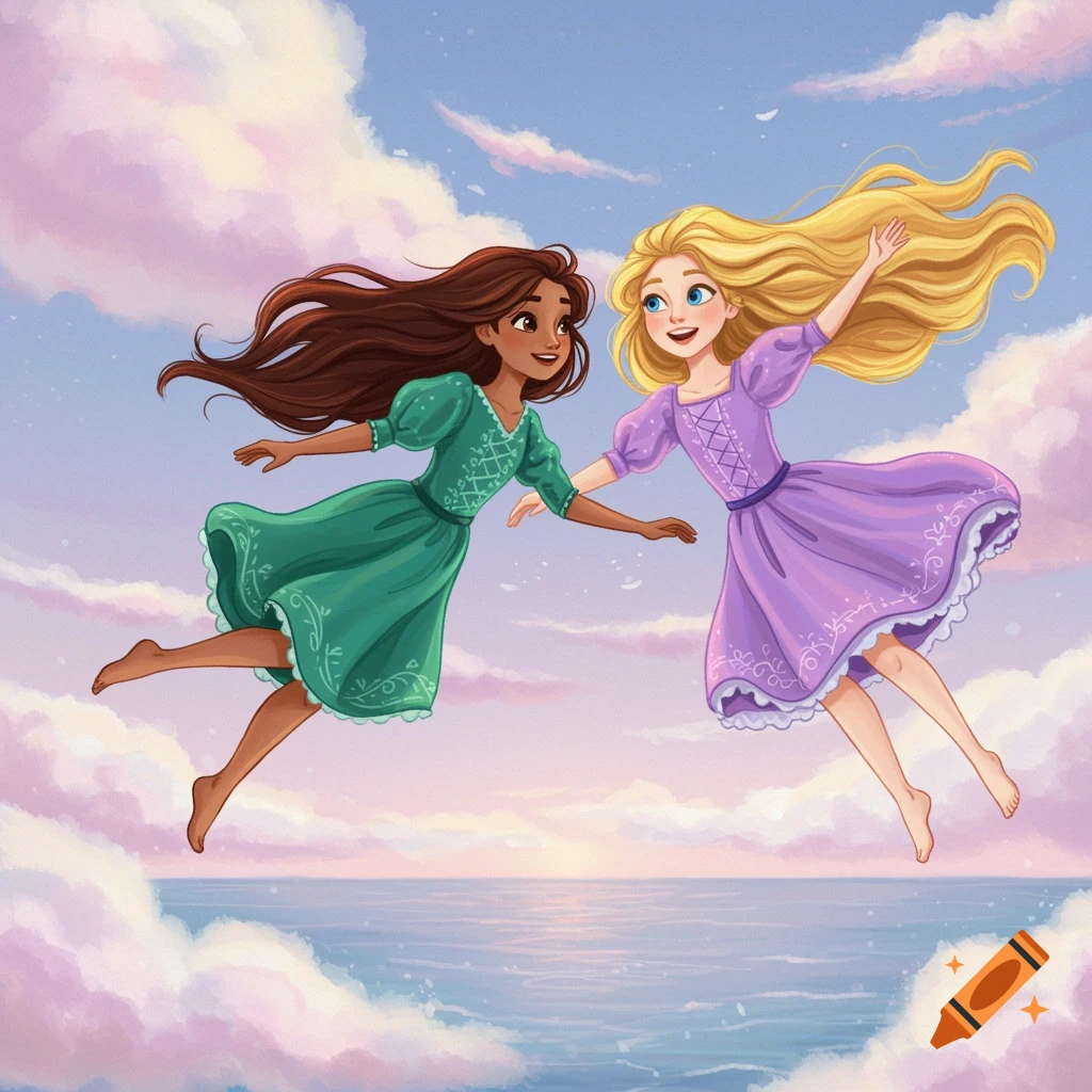 Two cartoon girls, one with brown hair and one with blonde, float in a pastel sky above the ocean.
