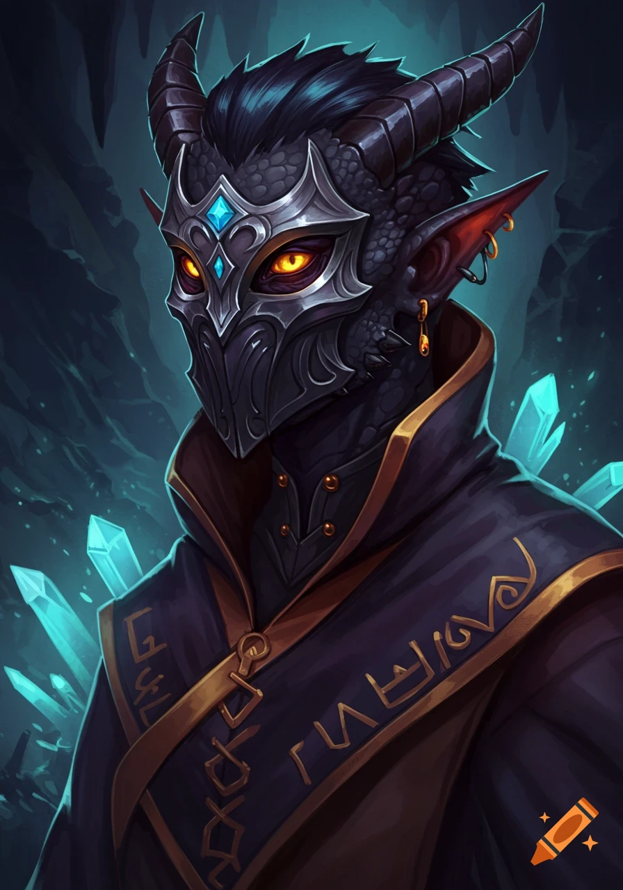Portrait of a dark fantasy character with horns and scaly skin, wearing an ornate silver mask, a black robe with gold runes, and glowing orange eyes, with blue crystals.