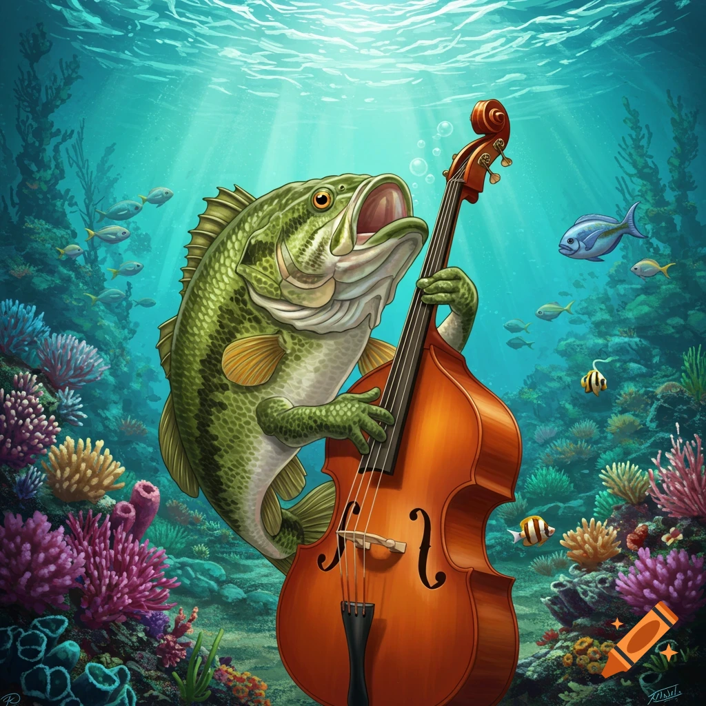 A whimsical green bass fish plays an upright bass in a colorful underwater coral reef scene with other fish.