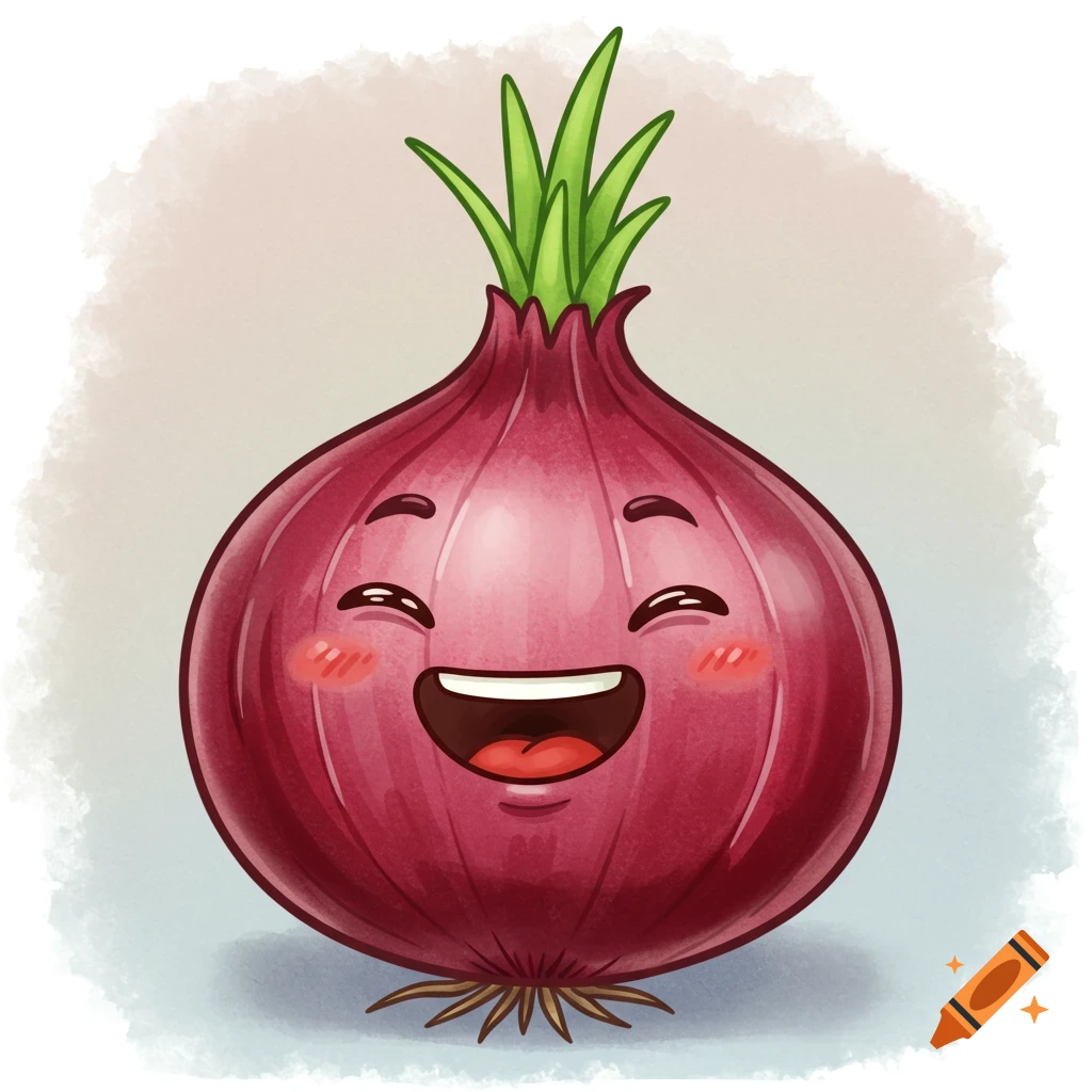 A cute, laughing cartoon red onion with green sprouts on top, in a watercolor style.