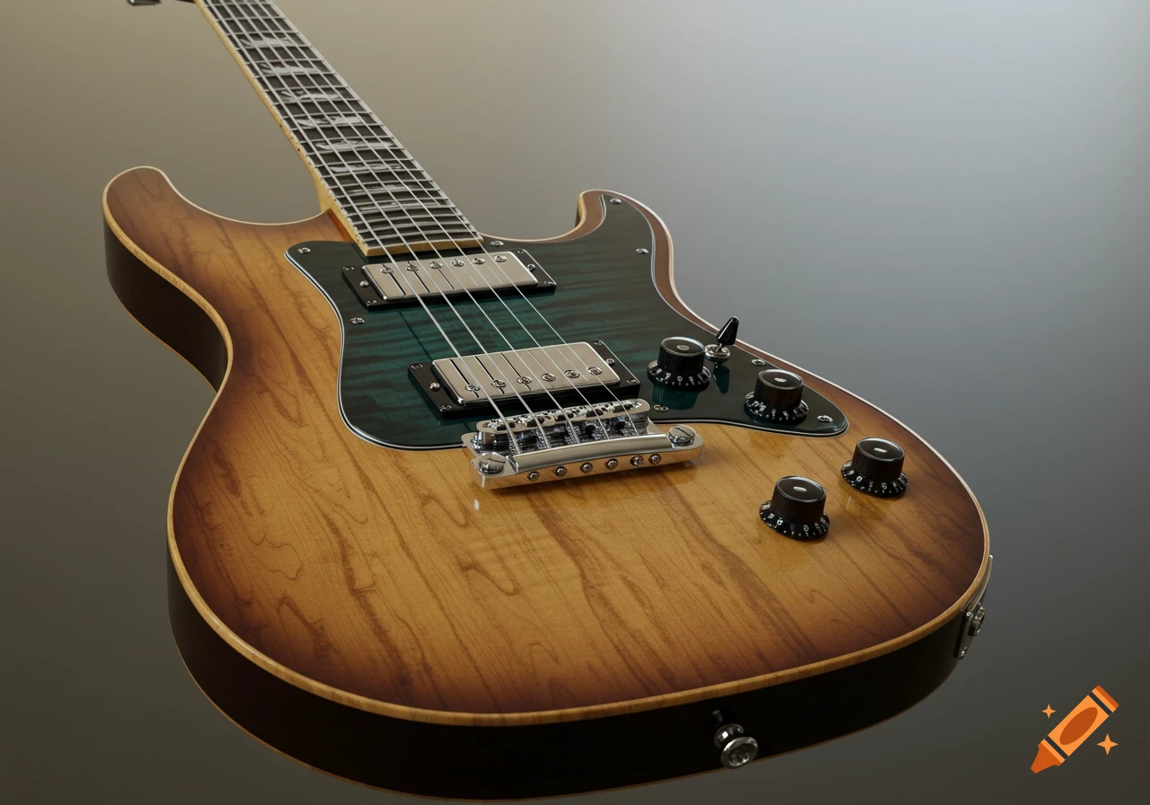 A close-up, angled view of a brown and teal electric guitar with a flame maple top, reflecting light on a neutral background.