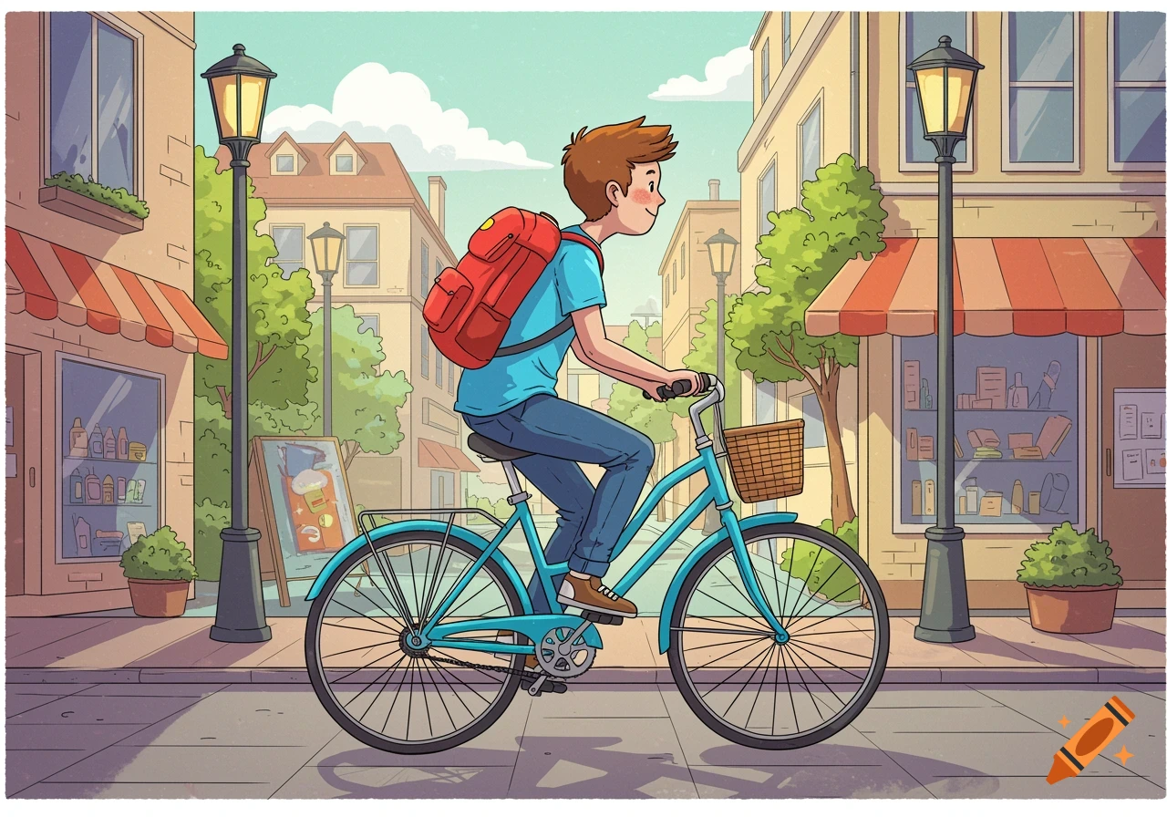 A cartoon illustration of a boy with a red backpack riding a blue bicycle down a city street lined with buildings.
