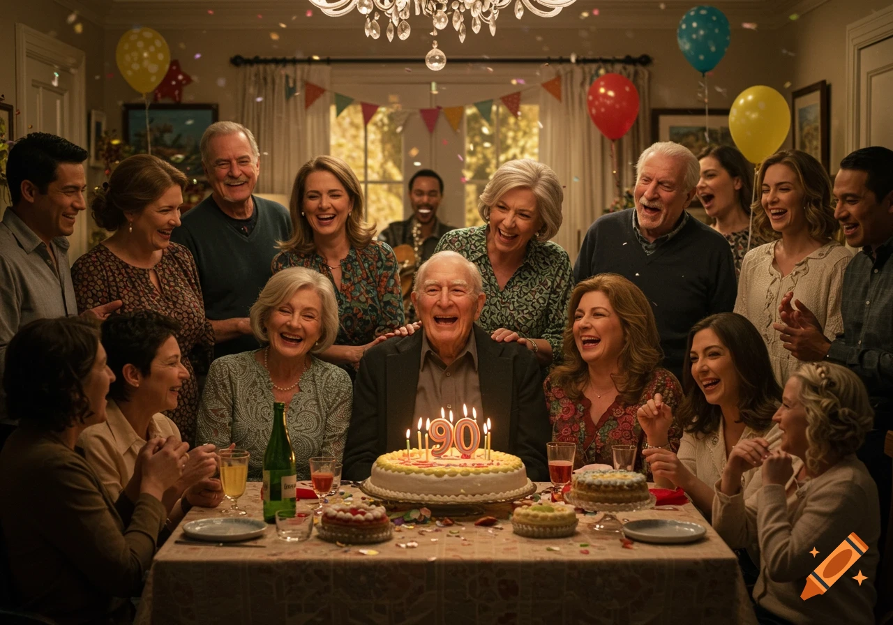 A large family celebrates a 90th birthday party around a cake with "90" candles, laughing as confetti falls.