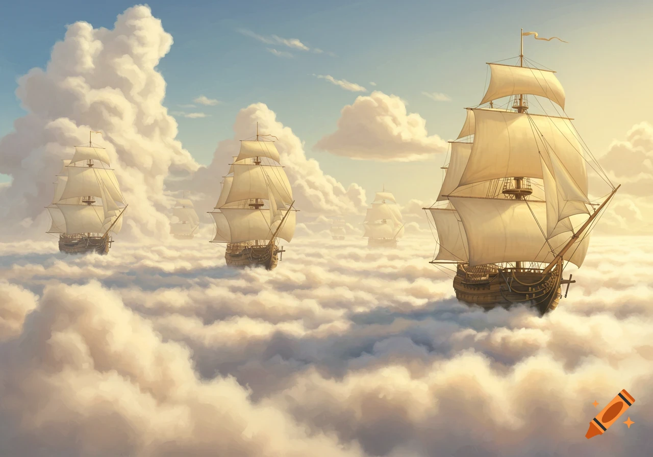 A fleet of large sailing ships floats above a sea of fluffy white clouds under a blue sky.