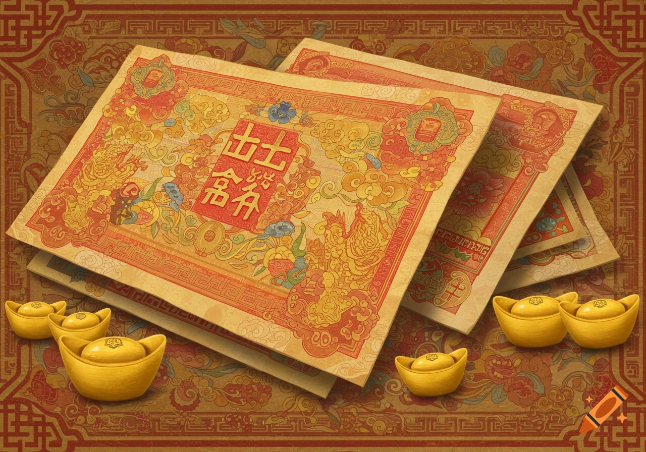 A stack of traditional Chinese joss paper, or ancestor money, with ornate gold and red designs, accompanied by gold ingots, set against a patterned background.