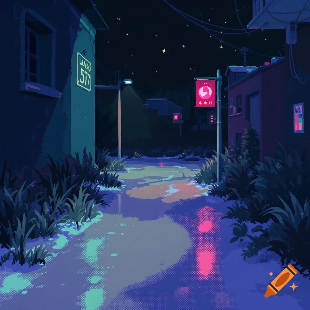 A stylized pixel art night scene of a wet street winding through a quiet town, lit by streetlights casting vibrant blue, purple, and pink reflections on the ground.