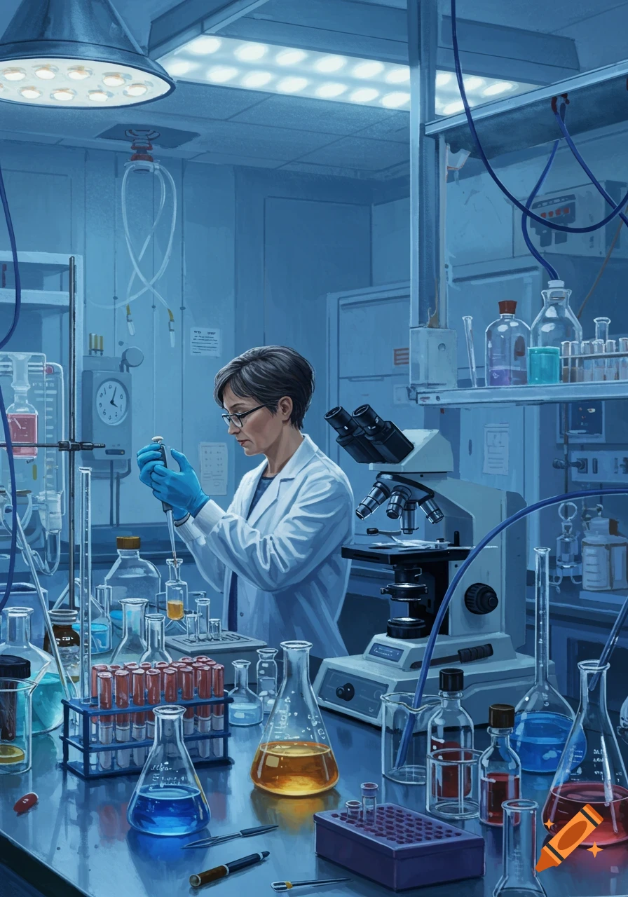 A female scientist in a white lab coat and blue gloves pipettes liquid into test tubes in a busy science laboratory filled with beakers, flasks, and equipment.
