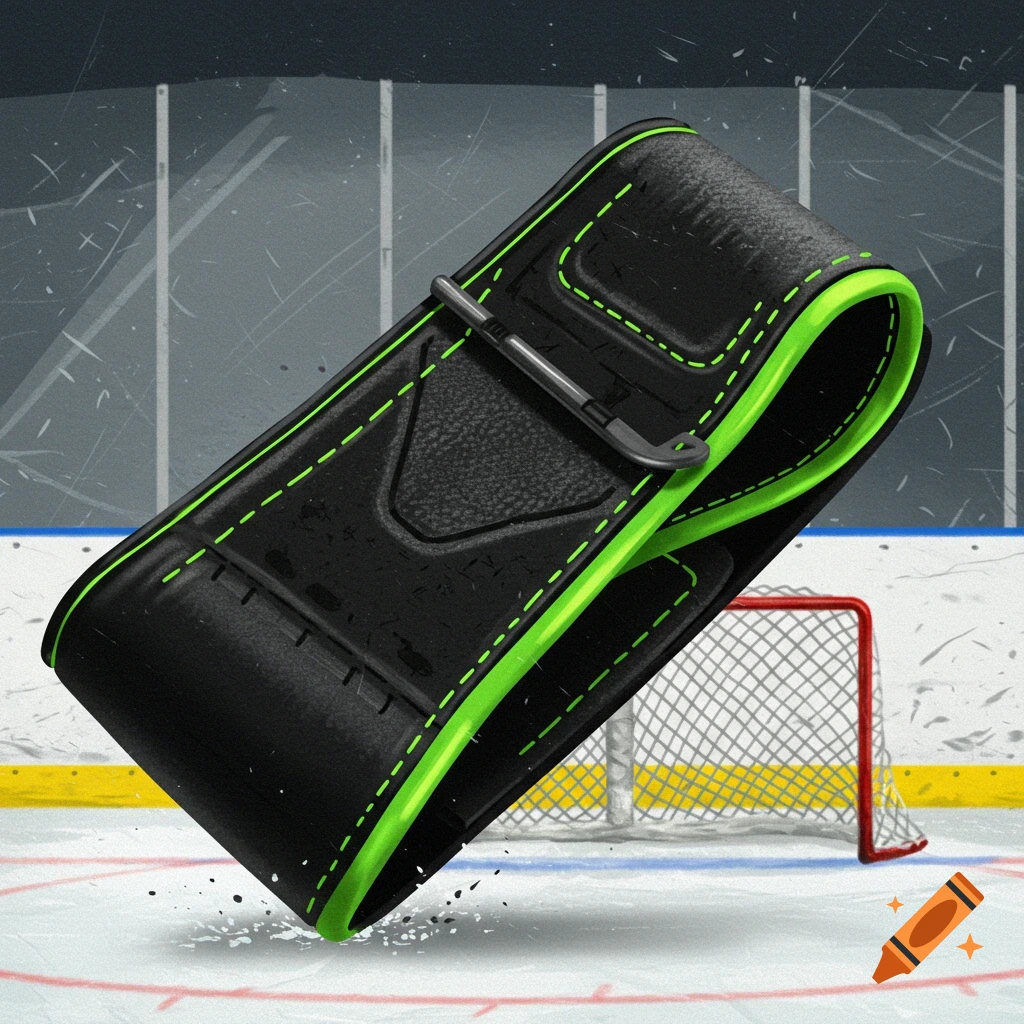 A black hockey strap with neon green accents sits on an ice rink with a goal in the background.