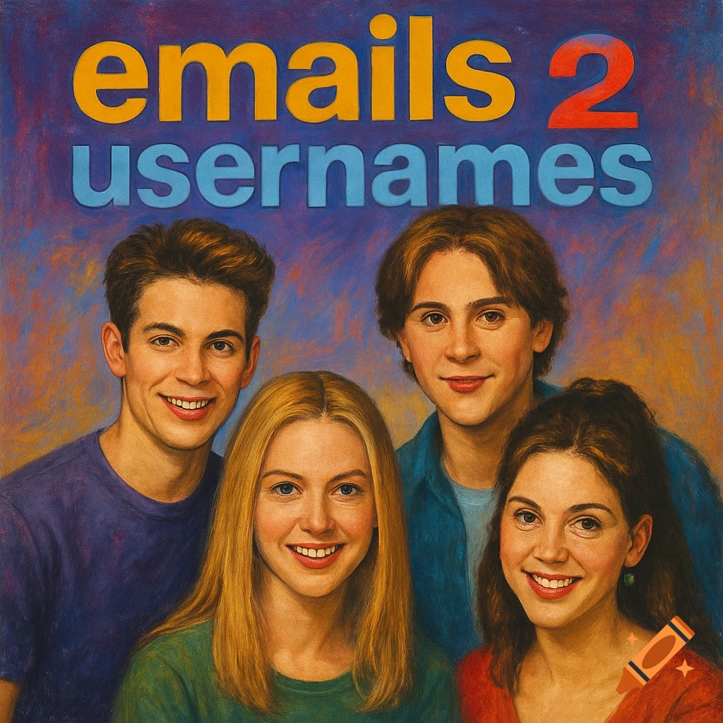 A retro-style album cover featuring four smiling young adults, with the text 'emails 2 usernames' at the top.