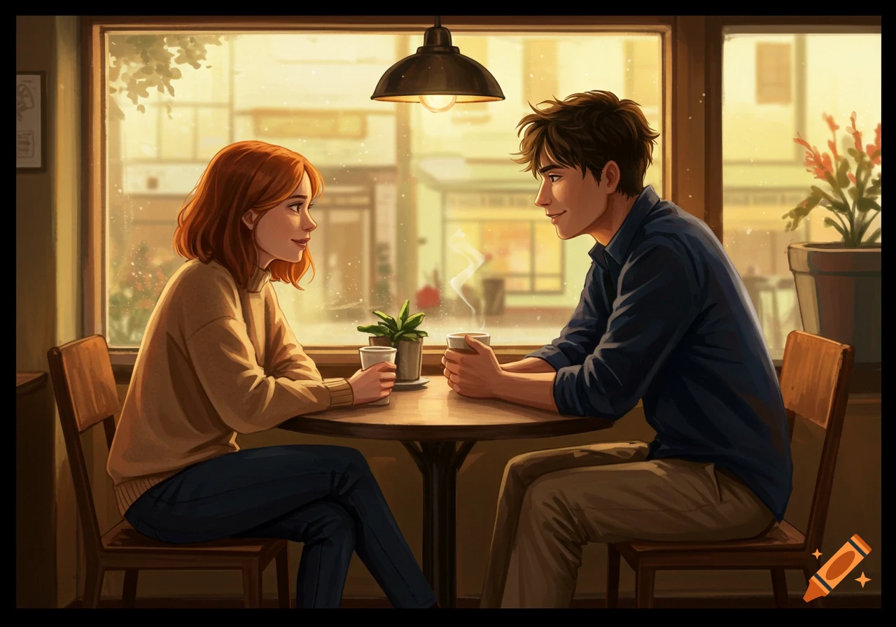 Illustrated depiction of a man and a woman on a coffee shop date, looking at each other with affection.