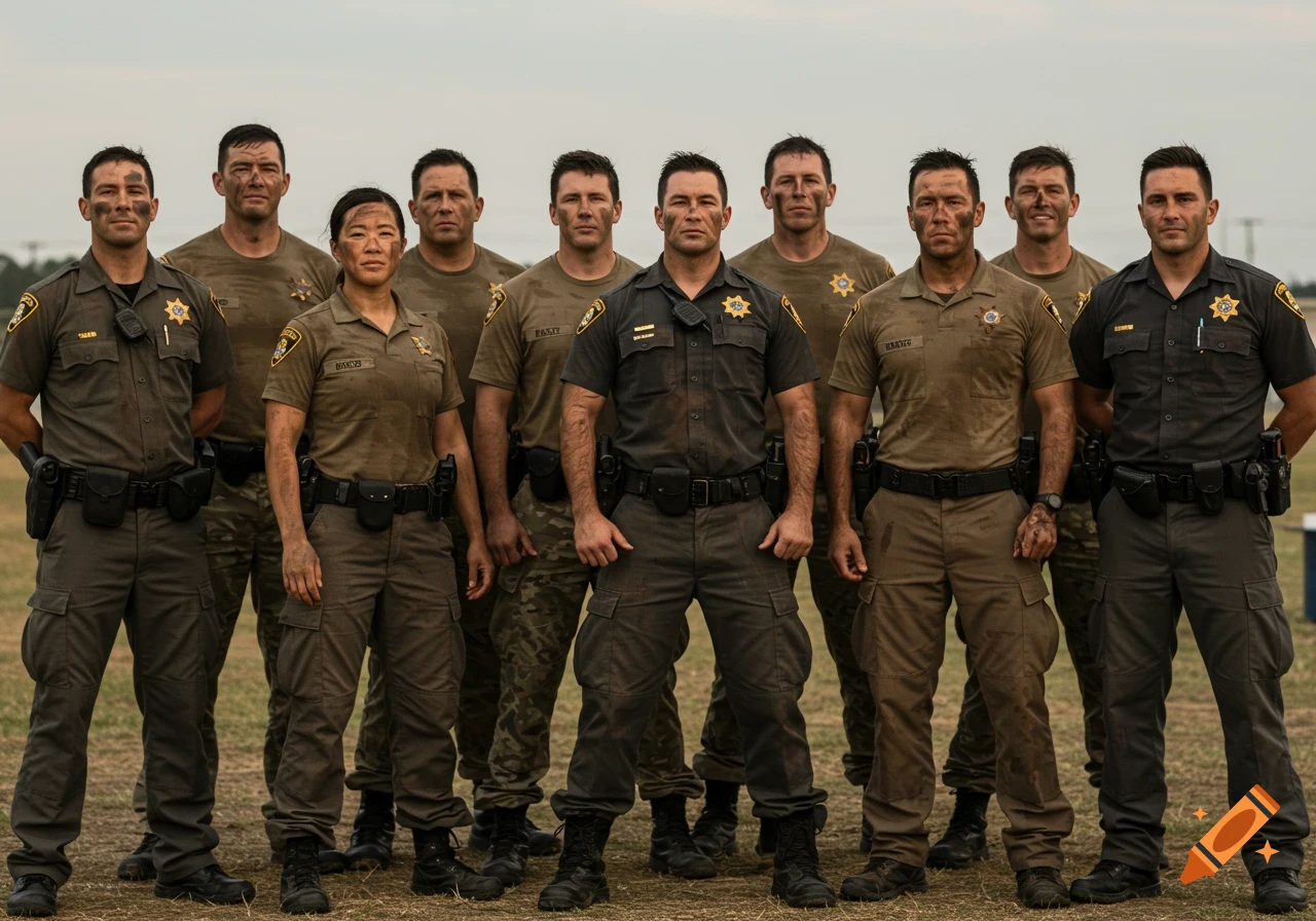A group of nine diverse police and military officers, covered in dirt from training, pose outdoors for a group photo.