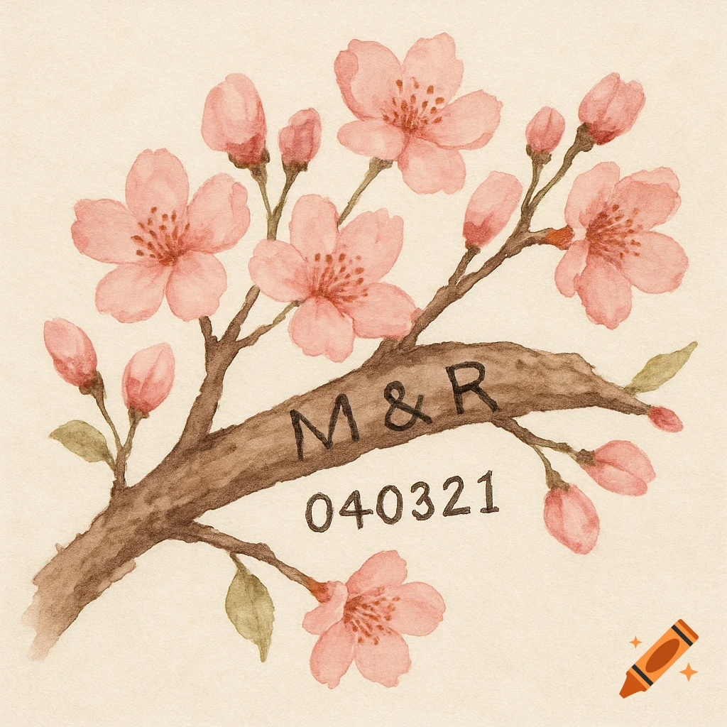 Watercolor illustration of pink cherry blossoms on a branch with M&R and 040321 carved into the limb.