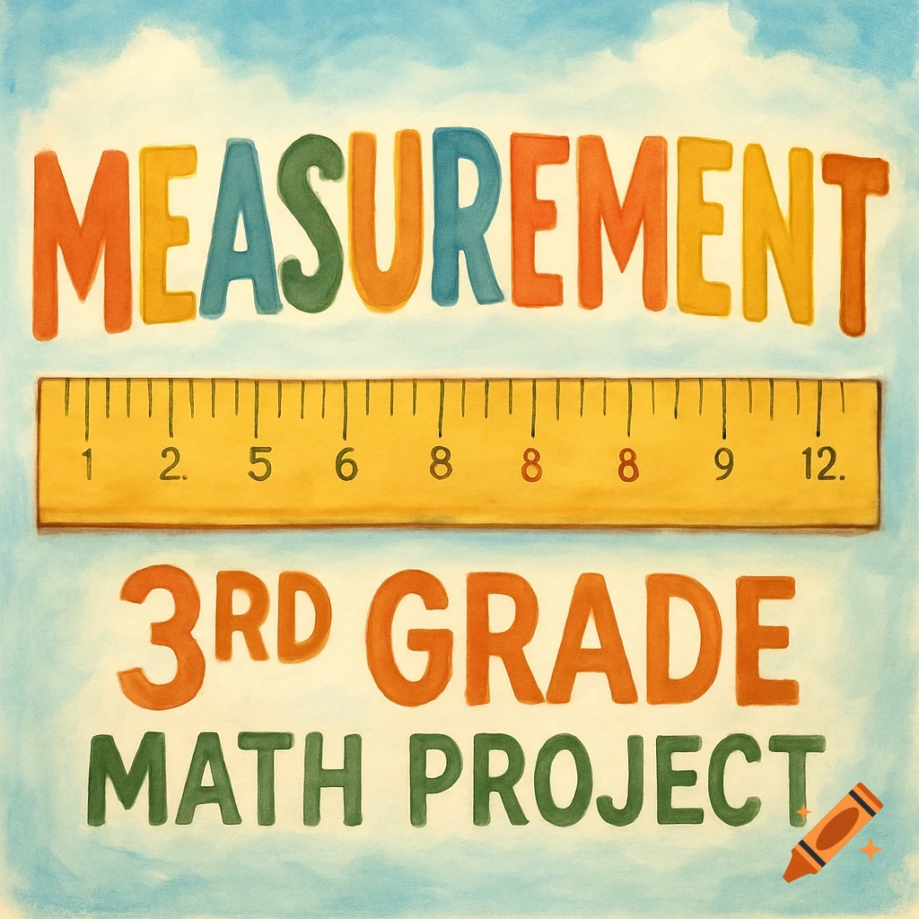 A colorful, illustrative cover page with "MEASUREMENT" in orange, green, and blue letters above a yellow ruler. Below the ruler, "3RD GRADE MATH PROJECT" is written in orange and green. The background is a light blue sky with clouds.